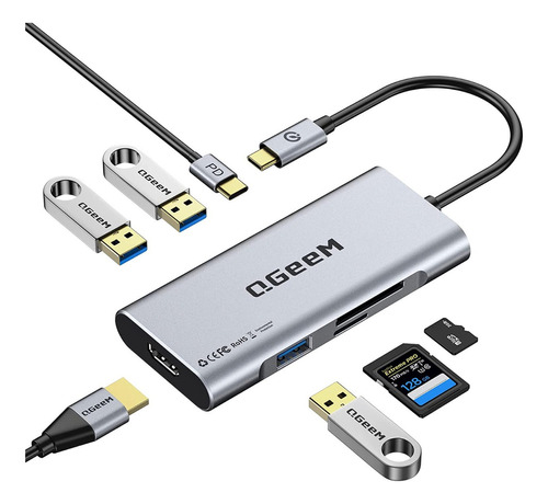 Hub Usb C 7 En 1, Adaptador Qgeem A Hdmi, Pantalla 4k