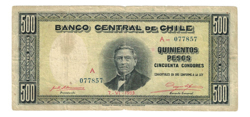 Billete De Chile 500 Pesos - 07 De Junio De 1933 Muy Escaso