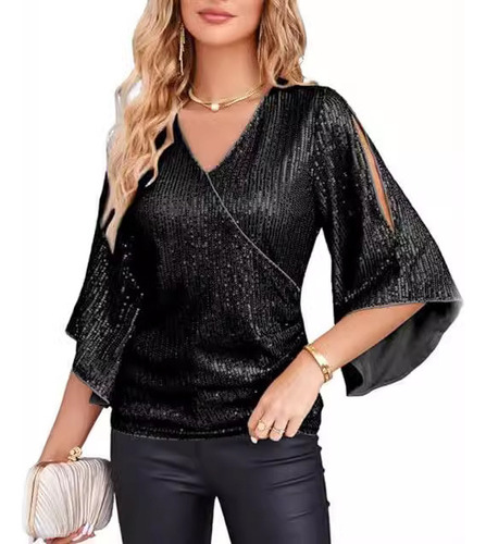 Camisa De Fiesta Ajustada Con Lentejuelas Para Mujer