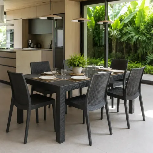 Juego 6 Sillas Harmony Jardín + Mesa Ratan 150 X 90 Alejo Estructura Negro