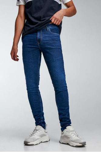 Jean Skinny Fit Azul Intenso Con Costuras En Contraste Y Tir