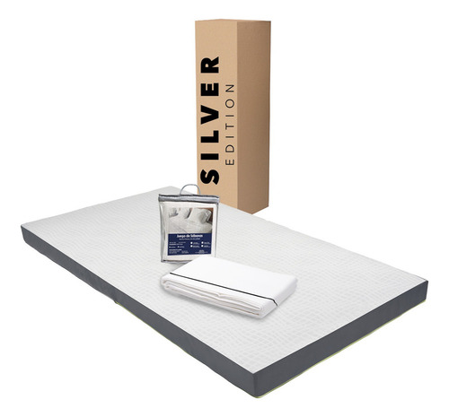 Colchón Individual En Caja 10 Cm Altura + Juego De Sábanas Gris Con Blanco
