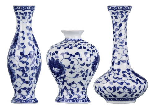 Chinoiserie - Juego De 3 Jarrones Pequeños De Porcelana Azul