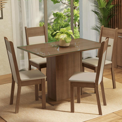 Sala De Jantar Mesa Tampo De Vidro 4 Cadeiras Viena Madesa Cor Rustic/Crema/Sintético/Bege