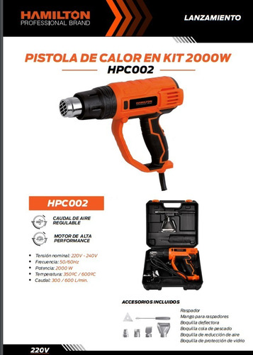 Imagen 3 de 8 de Pistola De Calor 2000w Con Maletin Y Acc Hamilton Hpc002