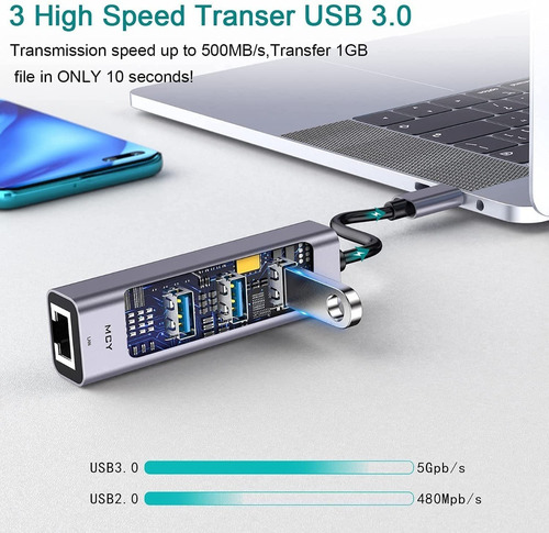 Imagen 2 de 7 de Adaptador Usb-c - Hub 3 Port Usb 3 + Red Fast Ethernet