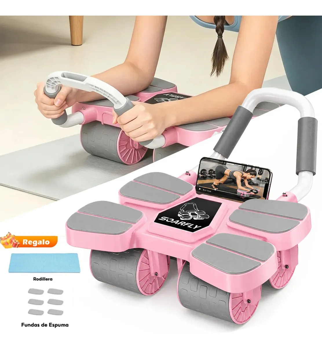 Roda Abdominal SOARFLY com Rebote Automático e Apoio para Cotovelos – 4 Rodas para Treino de Core