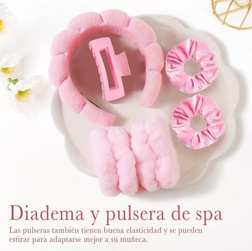 6pz Diadema Spa Skincare Con Muñequeras Maquillaje Cara Rosa