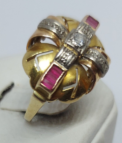 Anillo  Oro 18 K Con Brillantes Y Rubies. Italiano Años 50´