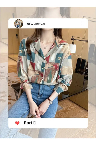 Camisa Casual Con Cuello De Manga Larga Estampada Para Mujer