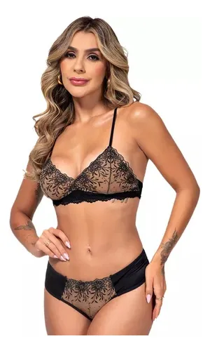Conjunto Lingerie Triângulo Tule Bordado Renda Duzani 25570