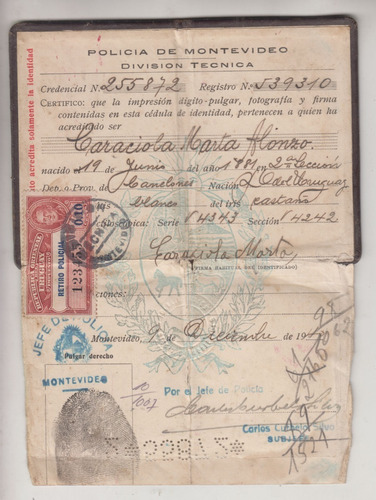 1940 Cedula Identidad Montevideo Revenue Stamp Policial 