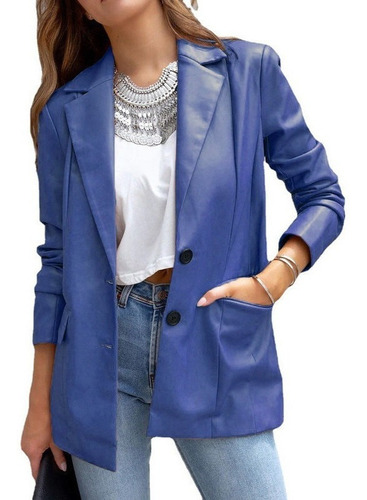 Blazer De Cuero Liso Para Mujer Con Bolsillos De Color Liso