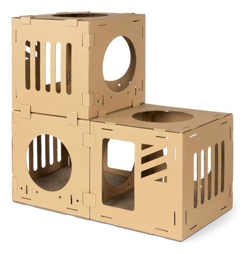 Casita De Carton Corrugado Para Gatos - 3 Cubos