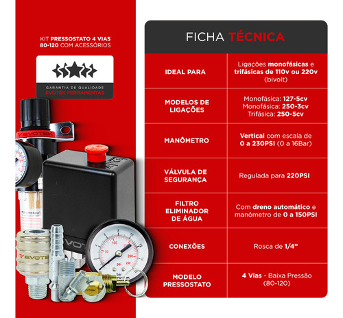 Kit Pressostato Com Filtro Eliminador Água E Acessórios 1/4