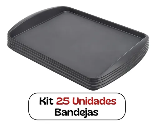 Pleion Bandeja Plástica Retangular Preta 34x23cm Kit 25 Pçs Café