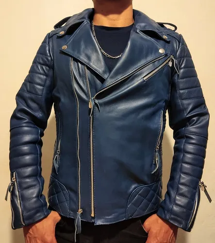 Chamarra Biker De Piel Para Hombre Rockera De Cuero Azul