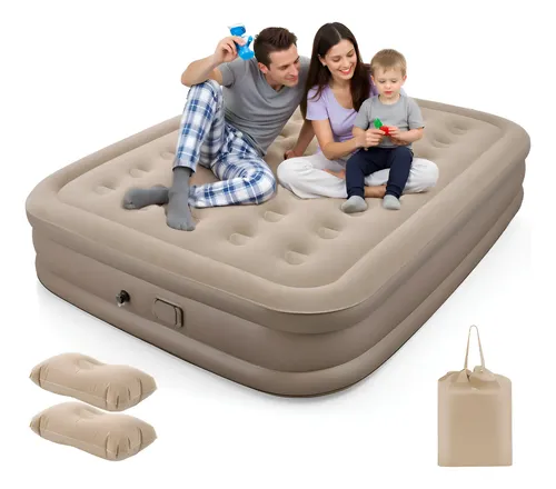 Colchón Hinchable Queen Size Con Bomba Hinchable De 4000 Mah Marrón Claro