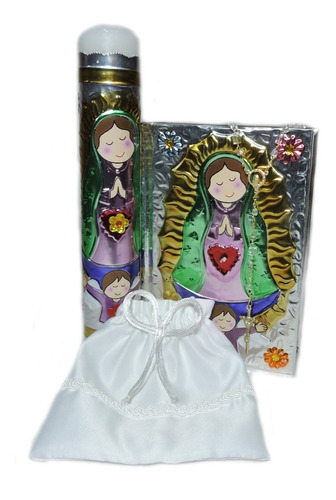 Kit Primera Comunion Repujado Virgencita Plis Vela Biblia 