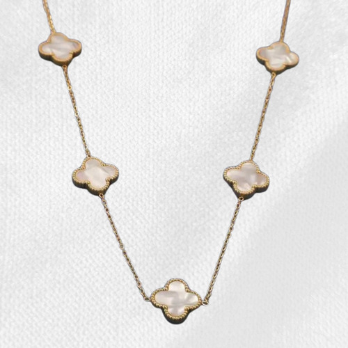 Cadena Collar 5 Treboles 4 Hojas Vc Buena Suerte Baño Oro 18 Dorado Y Blanco