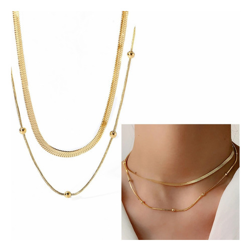 Collares Oro 18k Collar Cadena Serpiente Cuentas Doble Capa