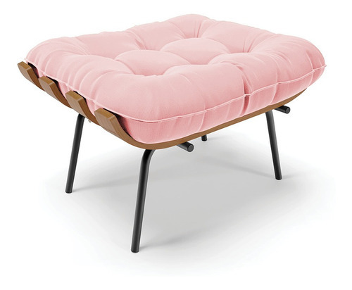 Kit 01 Poltrona E 01 Puff Costela Suede Rosa Bebê Base Metal