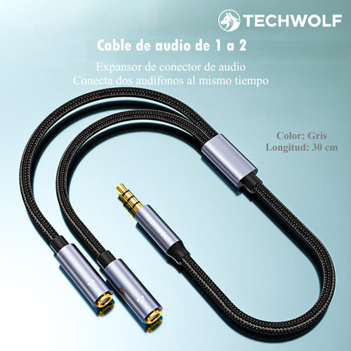 Cable Divisor De Audio De Auxiliar 3.5 Mm Macho A 2x 3.5mm Hembra Para Audífonos, Techwolf Adaptador De Audio Compatible Con Laptop, Celular, Tablet Y Pc 30cm De Longitud Color Gris