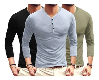 Playeras Manga Larga Cuello Henley Para Hombre Slim Fit 3pzs