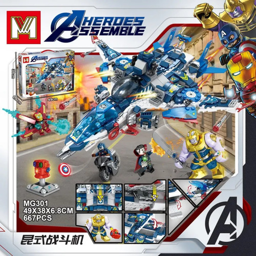 Superhéroes Avengers Jet Fighter- Play Set 667 Pzs + 5 Figs Azul