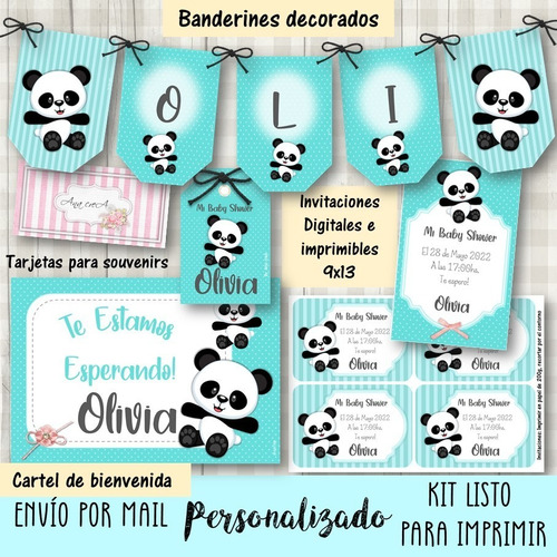 Kit Imprimible Osito Panda Mod.8 Verde Agua Deco Y Candy Bar