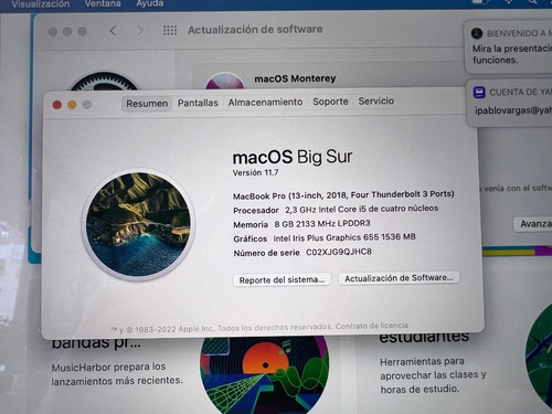 Imagen 3 de 9 de Macbook Pro, Apple A 13.3 Corei5 8ram 256ssd Touchbar 10/10