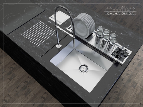 Calha Úmida Canal Equipado Inox Escorredor Louça Embutido Pi