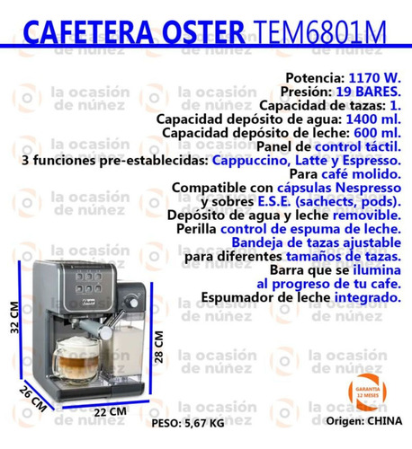 Cafetera Expresso Oster Cappuccino Latte Capsulas Em6801m