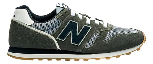 Tênis New Balance 373v2 cinza com detalhes em azul marinho e branco, vista lateral esquerda