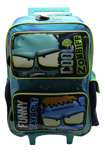 Mochila Escolar Cresko Ultra Zombie 18p Carrito Rueditas Color Azul Diseño de la tela Liso