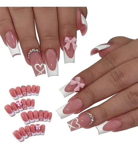 24 Unhas Pré-colocadas Feitas À Mão Francês Coração&laço