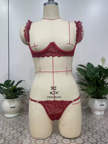Conjunto Sexy De Lencería Transparente De Encaje Floral Con Borgoña L