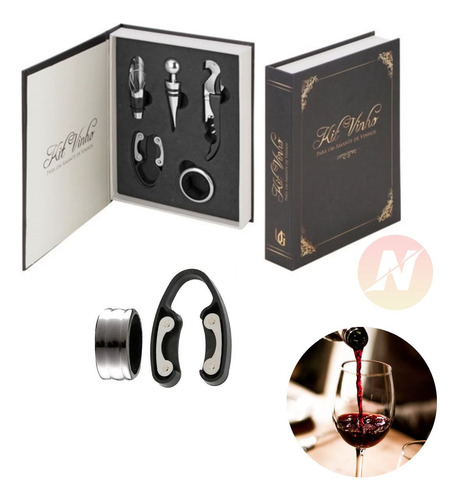 Kit Vinho Abridor Dosador Saca Rolhas Tampa Livro 05 Peças