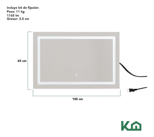 Espejo Con Luz Led Para Baño Rectangular 100x65 cm Decorativo Encendido Touch Iluminado Maquillaje Kingshouse