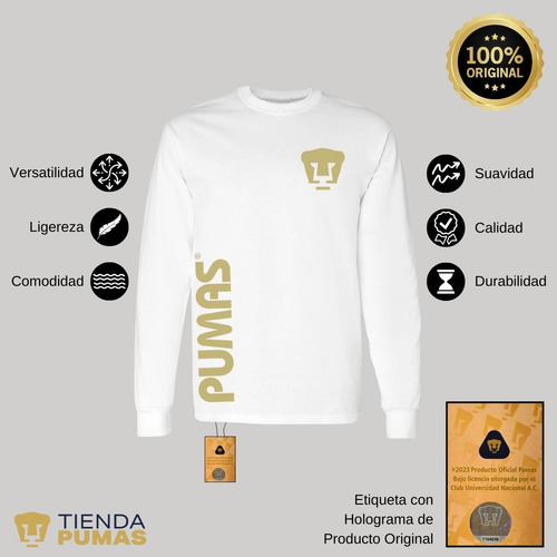 Jersey Playera M Larga Fútbol Pumas Unam Hombre Retro Dorado