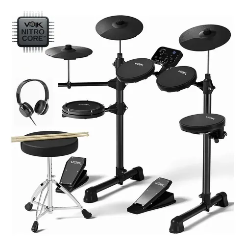 Bateria Eletrônica Voik VIBE-500 Nitro Core MIDI USB 7 Peças Caixa Mesh 15 Kits Silenciosa Completa Com Banco + Fone + Baqueta Para Iniciantes E-DRUMS