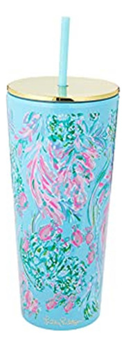 Lilly Pulitzer Vaso De Doble Pared Rosa/azul Con Tapa Y Popo