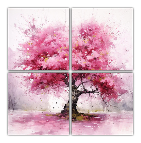 40x40cm Cuadro Decorativo Arbol Cerezo Rosa Abstracto Acuare