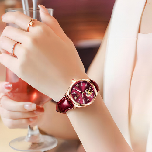 Relógio Feminino Com Calendário Luminoso À Prova D'água Poed Cor Da Correia Vinho Tinto