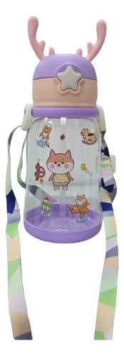 Botella De Agua Infantil Reno Pico Silicona C/ Correa 550 Ml Rosa Y Violeta