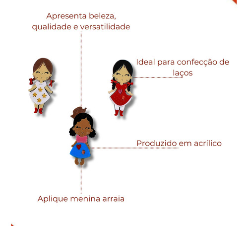 Aplique Meninas Caipiras De 7cm Em Acrilico Com 6 Unidades
