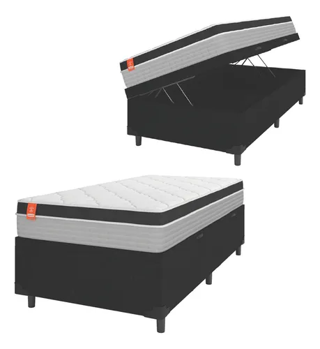 Cama Box Baú Solteiro Colchão Molas Ensacadas Real 88x188x68cm Preto e Cinza