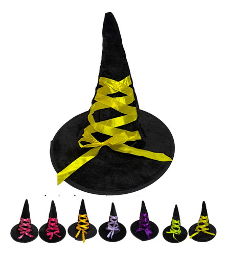 Sombrero De Bruja Negro Con Lazo De Colores Halloween Color Amarillo