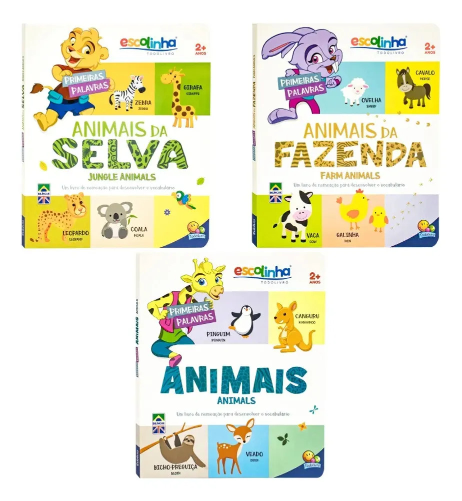 Coleção Primeiras Palavras Animais (bilíngue) 3 Vol - Animais Da Fazenda, Animais Da Selva, Animais