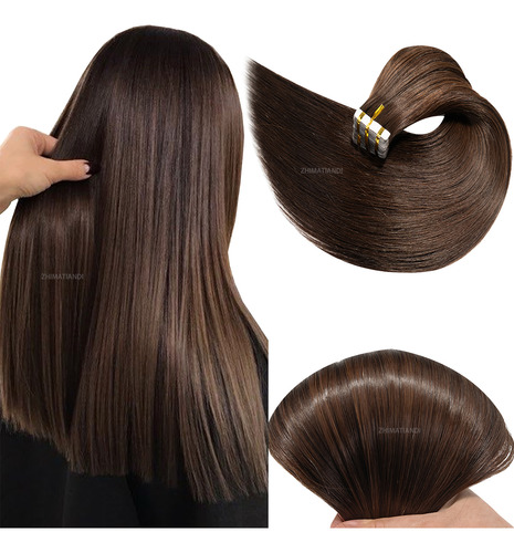 40 Pzs Extensiones De Cabello Con Base Pu Humano Real 45cm Pu-2x-castaño Muy Oscuro